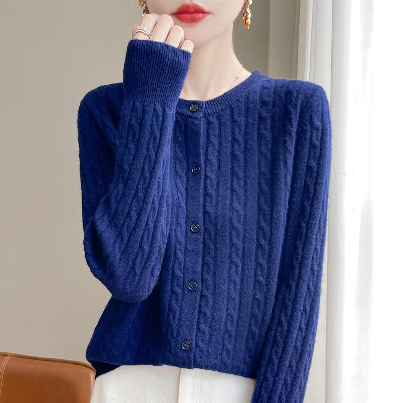 White Cable Knit Cardigan Coat - Women's Korean Slim Fit, Autumn Long Sleeve Sweater