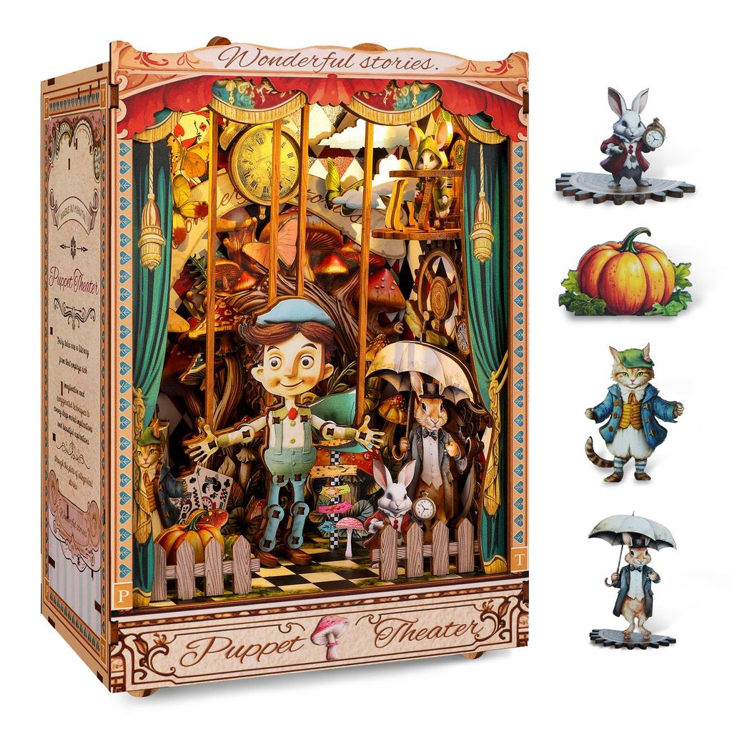 FUNPOLA 3D Puzzle Book Nook Wooden DIY Miniature Dollhouse with LED Bookshelf and Display and Craft Set for and Middle 168 Pieces Kit, Puzzle,