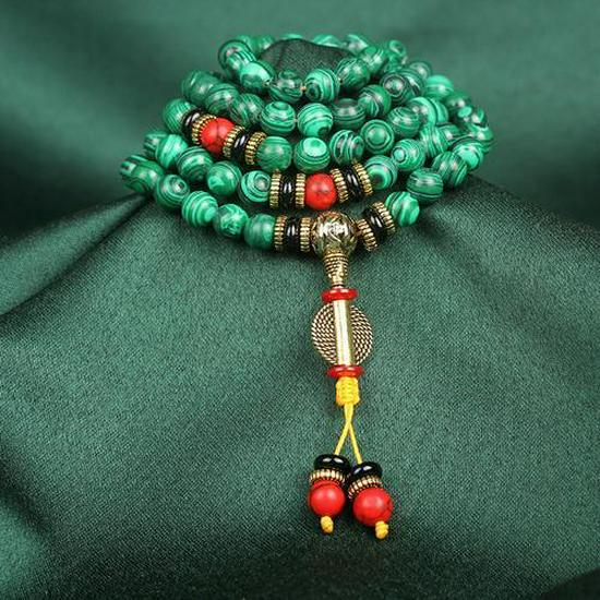 Malachite Buddhist Rosary: 108 Bead Bracelet, 8mm Round Beads for Men & Women