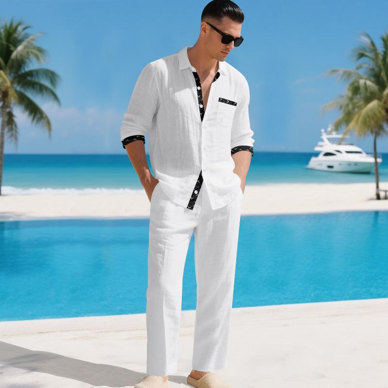 Men's Linen Two Piece Set Long Sleeve Shirt and Relaxed Pants Minimal Holiday Casual Outfit