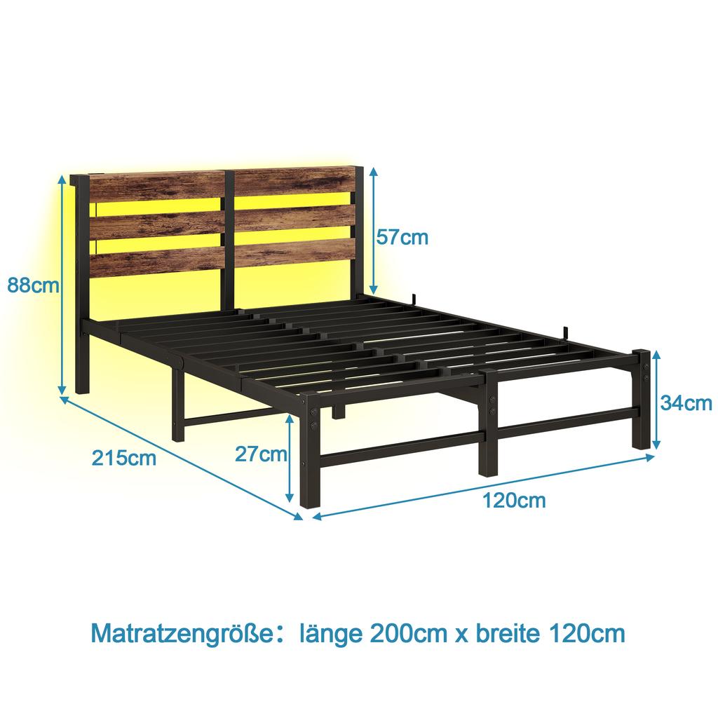 120x200 Bed Frame with LED Lighting and USB Charging Station, Metal Bed Frame Without Mattress, with Storage Under the Bed