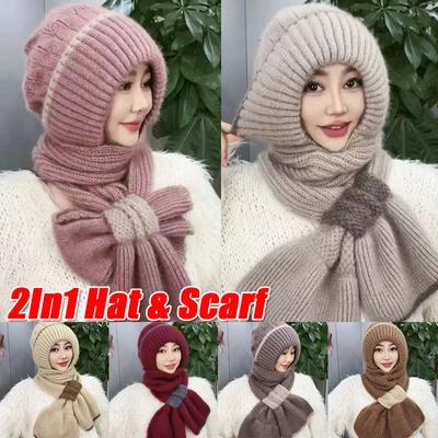 2In1 Winter Women Ladies Woolly Thick Knit Hat And Scarf Soft Warm Wool Scarf