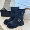 European Haute Couture Fashion Boots 2025 Retro Double Buckle Thick-soled Velvet Martin Boots Locomotive Knight Boots Casual Short Boots Women