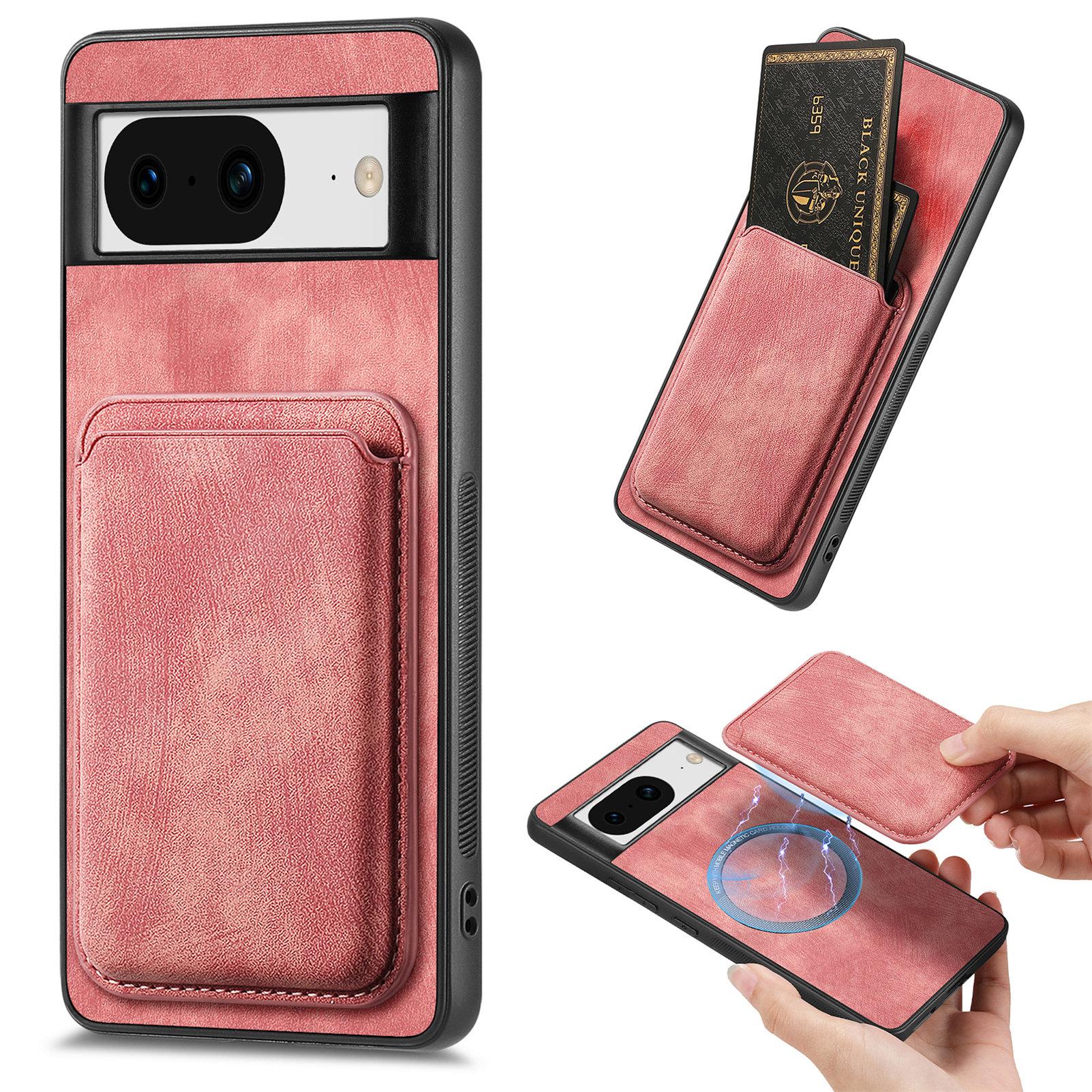 

For Google Pixel 8 Anti-Scratch Case Compatible with MagSafe Leather Back Cover with Detachable Card Holder Pink
