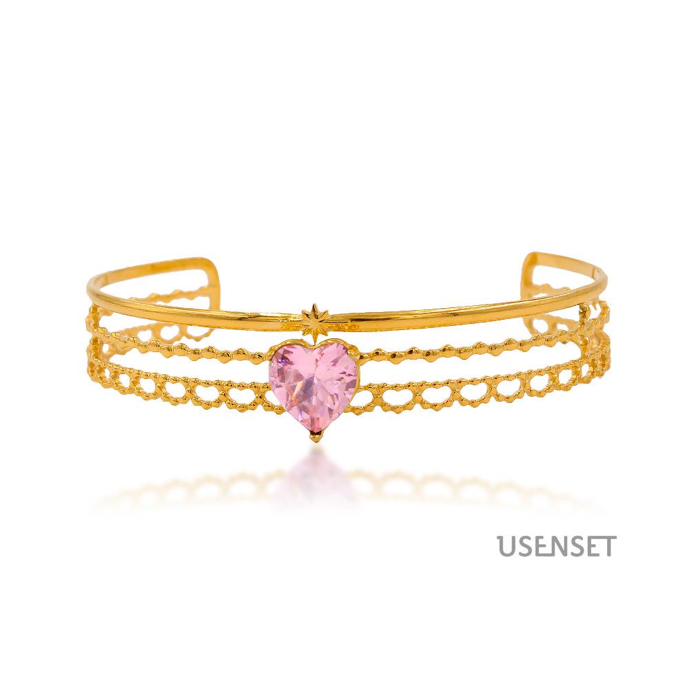 Retro INS Floral Double Layer Open Cuff Bracelet with Heart Zirconia