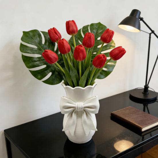 Pink White Bow Vase Plastic Farmhouse Flower Vase Makeup Brush Pen Holder for Table Bathroom Shelf Centerpiece