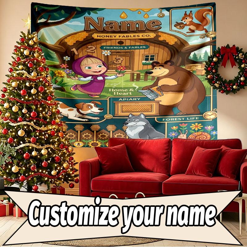 Custom Name Personalized Masha and the Bear Print Tapestry, Wall Art Decor, Bedroom, Dorm, Apartment, LivingRoom, Party Backdrop, Gift for Birthday