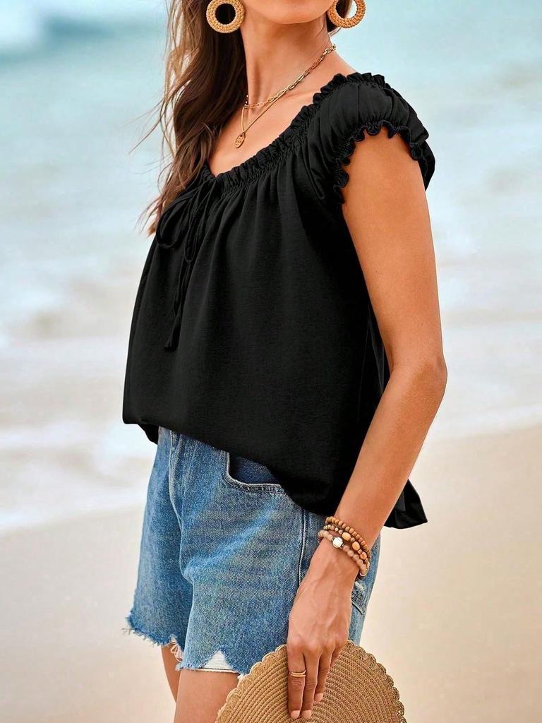 Womens Summer Tie Front Babydoll Top Cap Sleeve Pleated Flowy Blouse