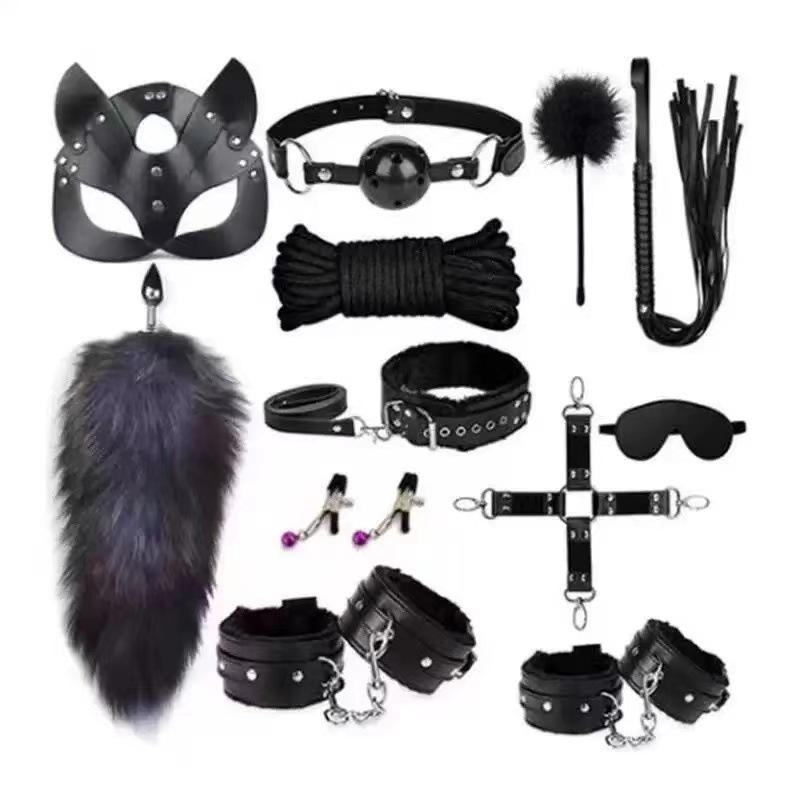 Sexy Leather  Kits Plush Sex Bondage Set Handcuffs Sex Games Whip Gag Nipple Clamps Sex Toys For Couples Exotic Accessories