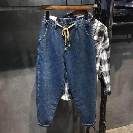 Herre Haremsjeans Elastisk midje Justerbare snøringer Glidelås med knappgylf Denimbukser med lommer Ensfarget Vid