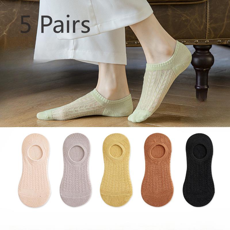 5 Pairs of  Women's Summer Thin Cotton Mesh Non Slip Non Slip Heel Shallow Mouth Invisible Boat Socks