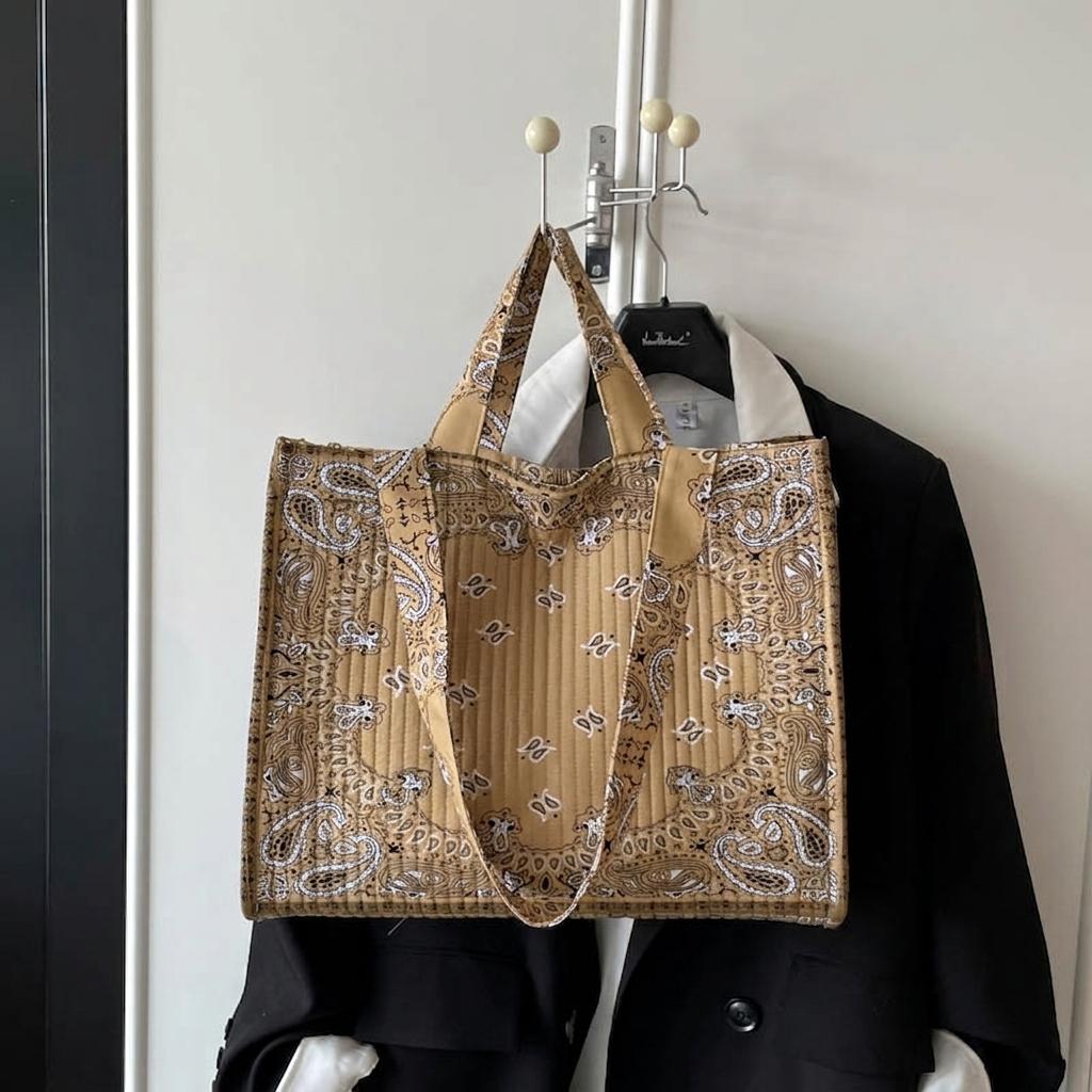 Elegant Vintage Pattern Tote Bag Zipper Closure Square Shoulder Bag Women Large Capacity School Travel Commute Handbag