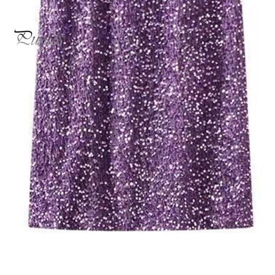 Solid Color Skirt Women Shiny Sequin Decoration Midi Elastic Soft Fabric High Waist Back Slit Design Beach Weddings Comfortable