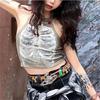 Punk Aesthetic Cyber Retro X-ray Skeleton Print Rib Sleeveless Vest ArmyGreen Crop Top Designer Clothes Women 2024 Summer Emo