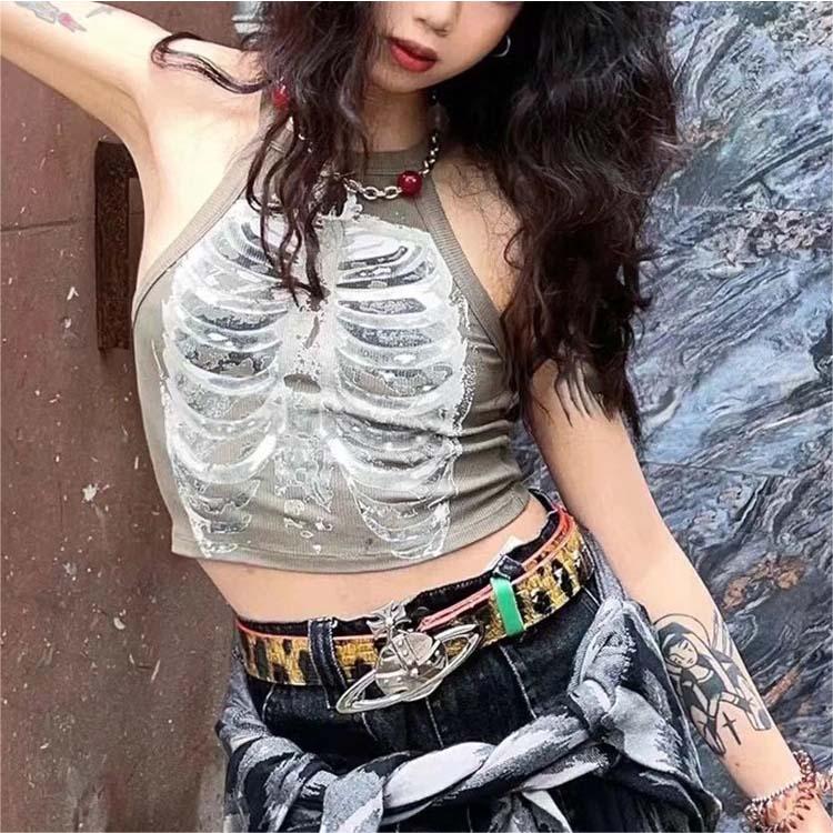Punk Aesthetic Cyber Retro X-ray Skeleton Print Rib Sleeveless Vest ArmyGreen Crop Top Designer Clothes Women 2024 Summer Emo