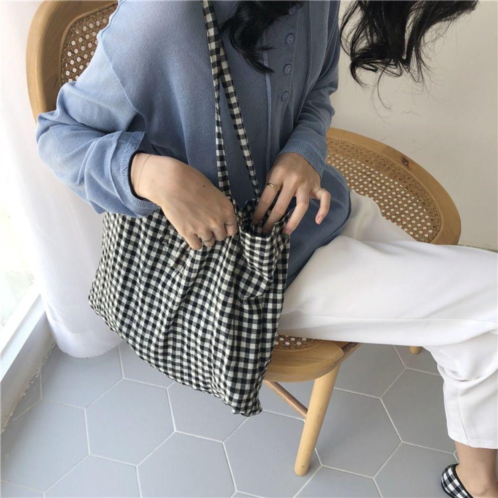 Cloth Printed Shoulder Bag Print Handbag Simple Grid Pattern Canvas Bag  Women