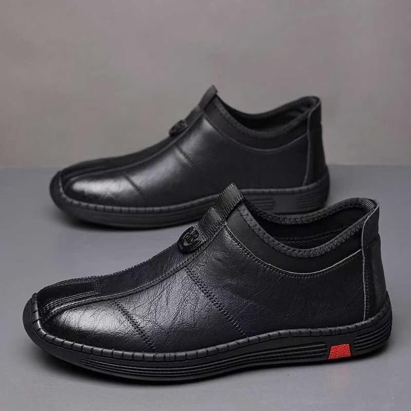 Nové pánské kožené boty, pánské business casual měkké kožené boty s měkkou podrážkou, návleky na nohy pro střední a starší otce, sametové teplé pánské boty