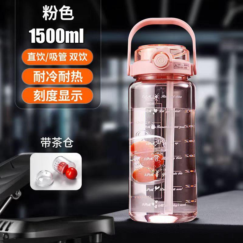 Water bottle large capacity plastic cup with straw double drinking cup summer portable fitness sports water cup plastic cup