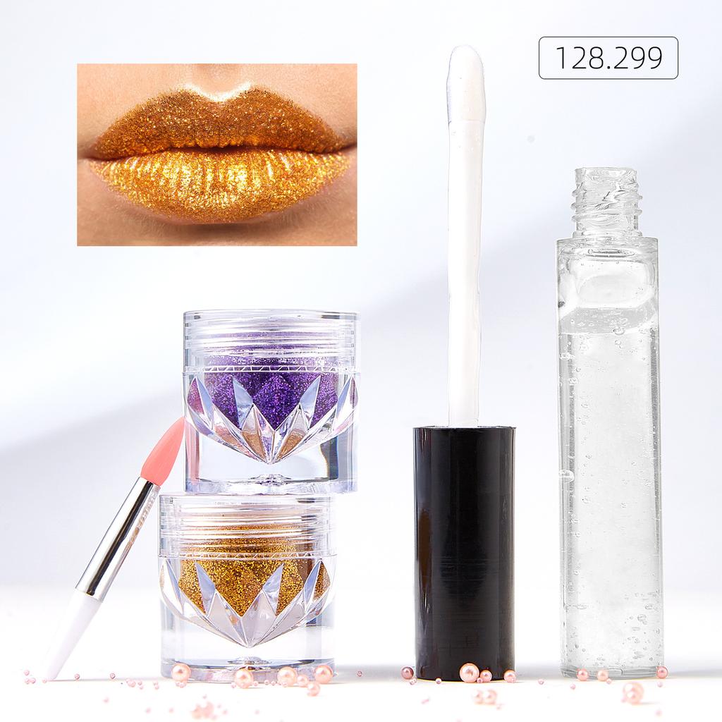 New Lip Gloss Glitter Powder Lip Glaze Girl Makeup Two-color Set Lip Glaze Lasting Nail Glitter