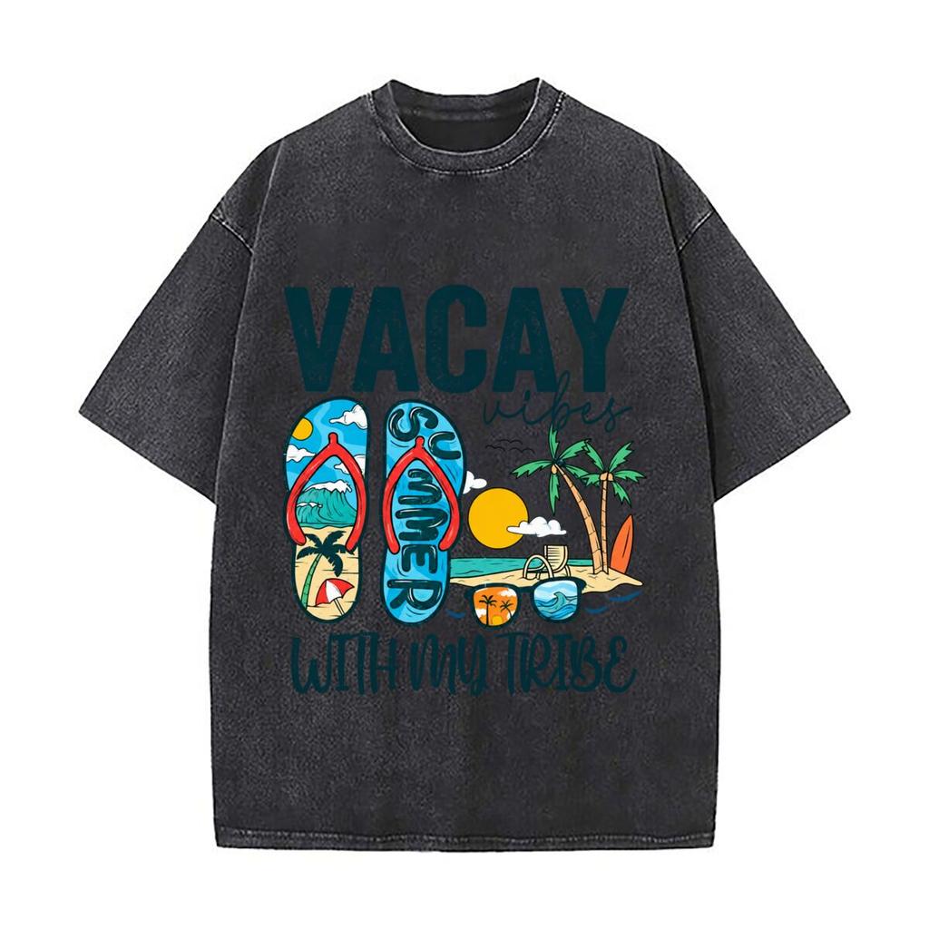 Vacay Vibes Summer With My Tribe Tropical Palm Beach Sunset Washed Distressed Loose Streetwear Tops for City Walks