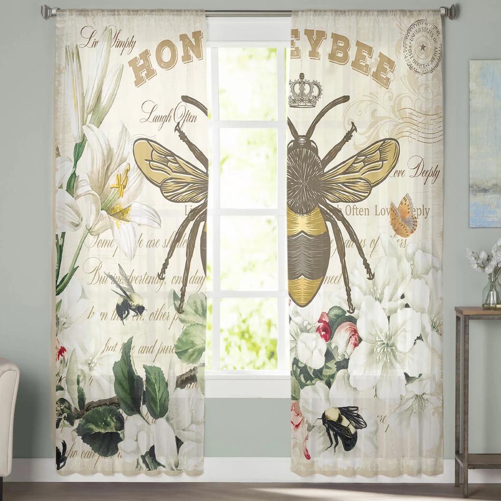Modern Bee Azalea Retro Flower Tulle Curtains Living Room Bedroom Decoration Chiffon Voile Kitchen Window Curtain With Sheer Polyester Perfect For