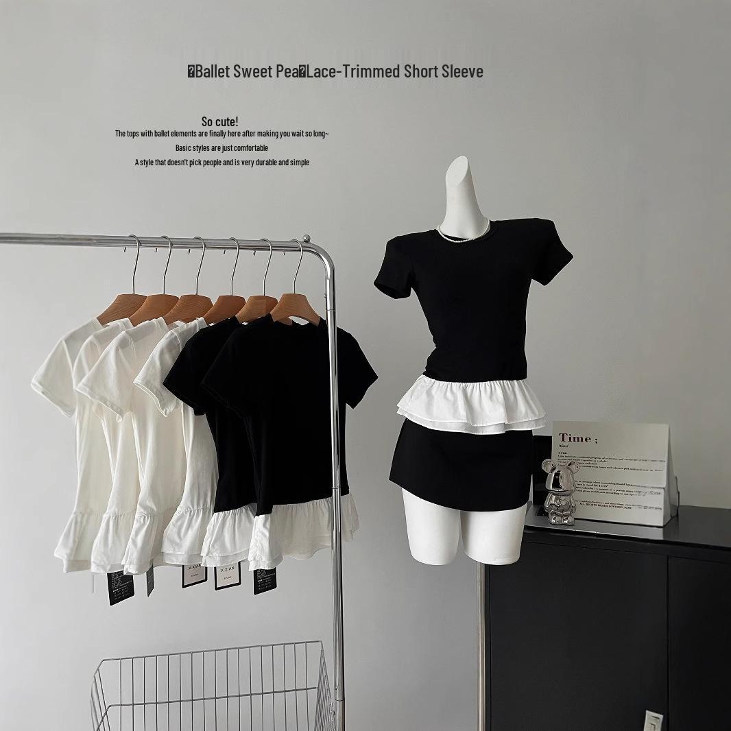 

Women s Summer Puff Lace Ruffle Spliced Slim T-Shirt Medium