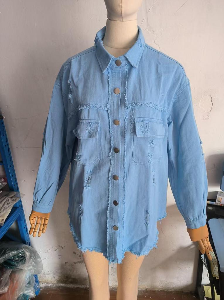 Damen Jeansjacke in Unifarbe, mittellang, mit langen Ärmeln und Rissen - Europäischer und Amerikanischer Stil
