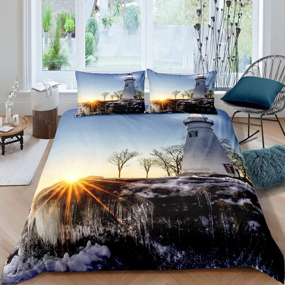 

Lighthouse Duvet Cover Set Queen Size Nautical Ocean Wave Bedding Polyester Coastal Theme For Boys Bedroom EU single(135x200cm)