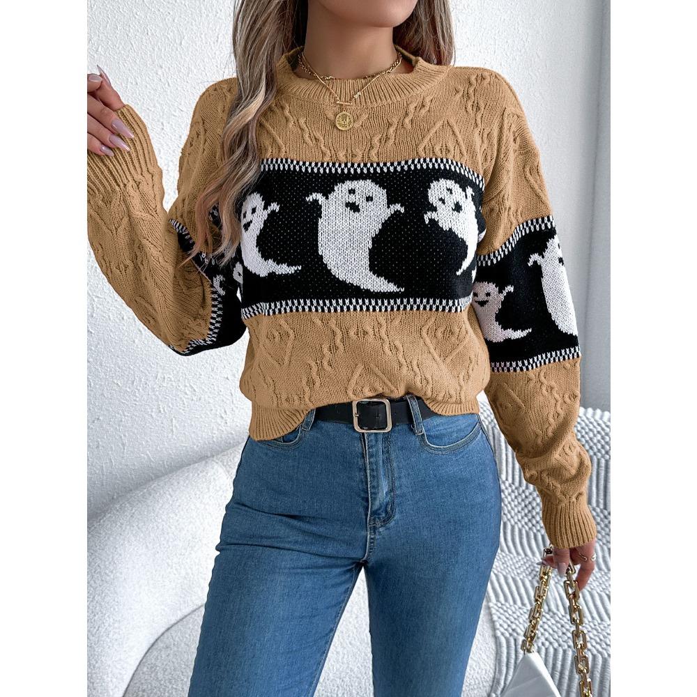 Autumn/Winter Women's Hoodie Halloween-themed Ghost Contrast-colour Long-sleeved Pullover Women's Knitted Sweater Top