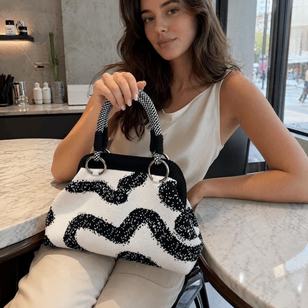 Colorful Print Top Handle Purse Knit Fabric Dumpling Shoulder Bag Cute Woven Handle Handbag  Work