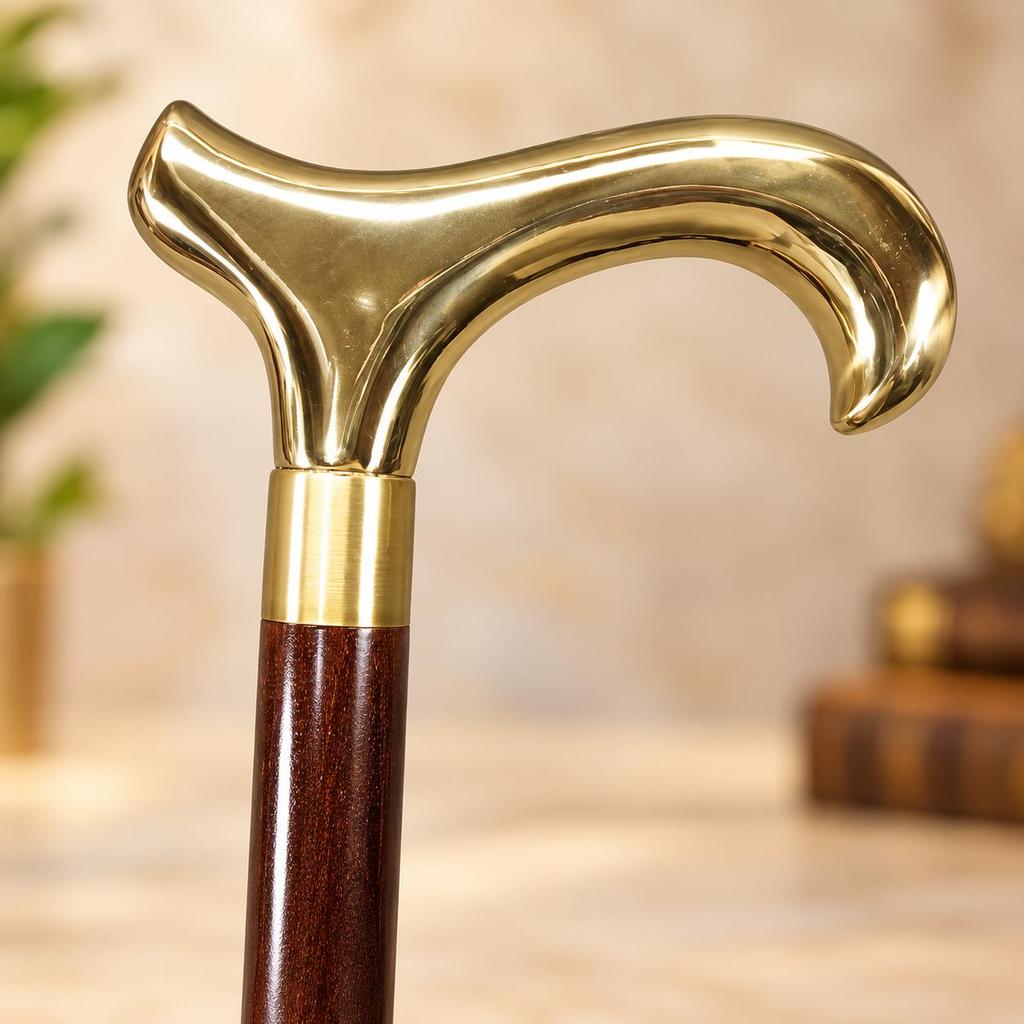Working Style Walking Cane Wooden Stick Derby Head Brass Handle Vintage Gift