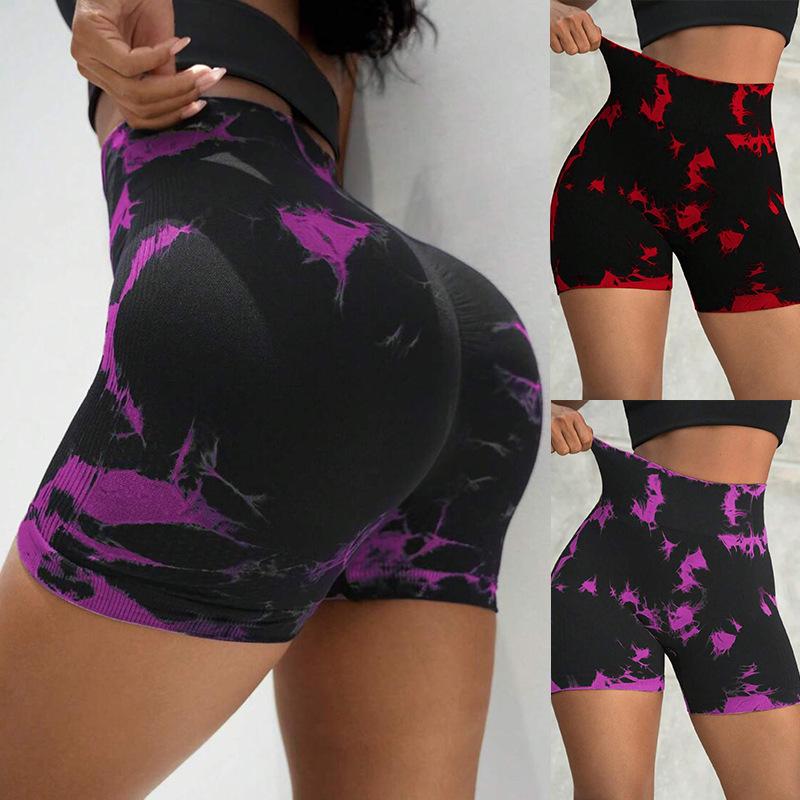 Peach Smiley Face Seamless Tie-Dye Yoga Shorts for Women