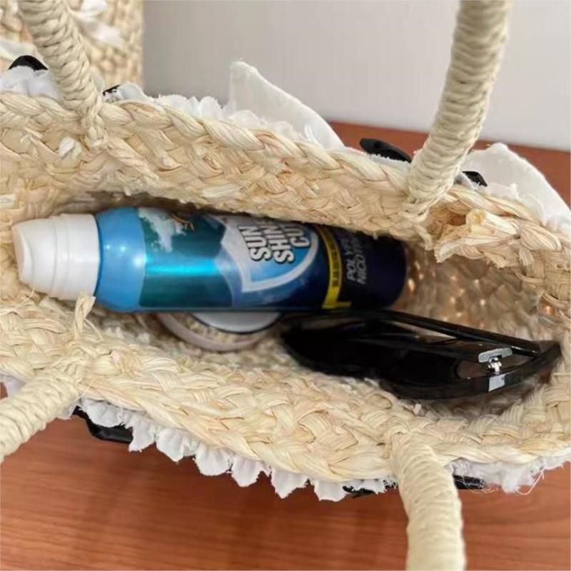 Holiday Sweet Straw Beach Bag Women Vintage Handle Lace Bow Chic Hand Bag Female Harajuku Aesthetic Weaving Bags