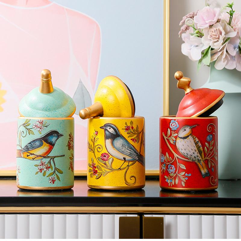 American Ceramic Storage Tank Pastoral Bird Printing Utensil Multifunction Tea Coffee Cup Painted Ceramics With Lid Jewelry Box