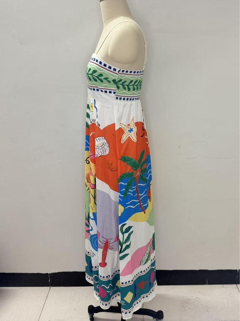 2026 New Beach Style Sleeveless Spaghetti Strap Dress with Positioning Print for Women