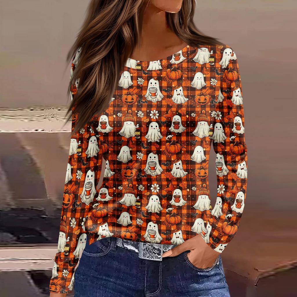 Women's Halloween Print Long Sleeve Top with Round Neck and Hem Slit
