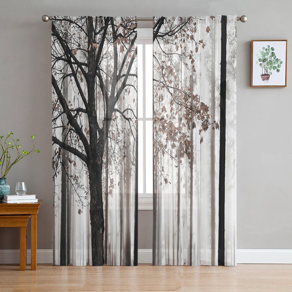 Gray White Birch Tree Branches Sheer Curtains for Living Room Decoration Tulle Voile Organza Window Curtains for Kitchen Bedroom