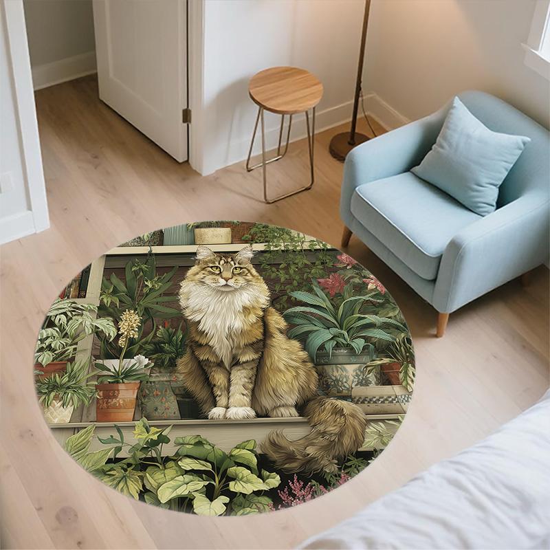 Plant Cat,Round Area Rug,Carpet Rug for Living Room Bedroom Sofa Playroom Decor,Non-slip Floor Mat