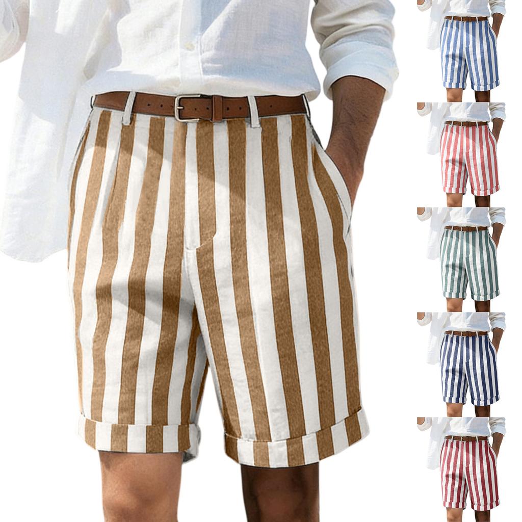 Pantaloncini Casual da Uomo a Righe Verticali Vestibilità Rilassata Leggeri Traspiranti Cotone Orlo Risvoltato Pantaloncini Estivi