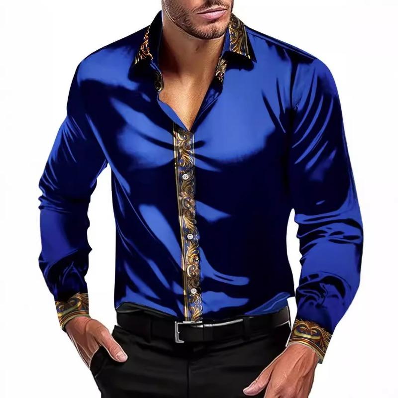 Spring Men's Silk Like Dress Shirt with Gold Baroque Trim Long Sleeve Formal Top