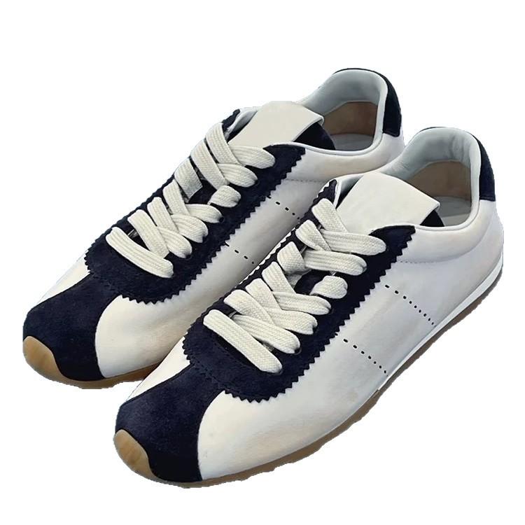 Cowhide Version~ Retro Color Matching Lace-up Round Head Flat Bottom Light Casual Sports Shoes German Training Shoes Women's Versatile Forrest Gump Sh