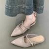 Fashion Low Heel Baotou Slippers Summer New Pointed Head Splicing Flannelette Metal Buckle Anti-slip Wear-resistant Flat Shoes