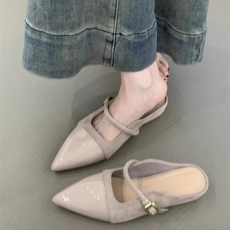 Fashion Low Heel Baotou Slippers Summer New Pointed Head Splicing Flannelette Metal Buckle Anti-slip Wear-resistant Flat Shoes