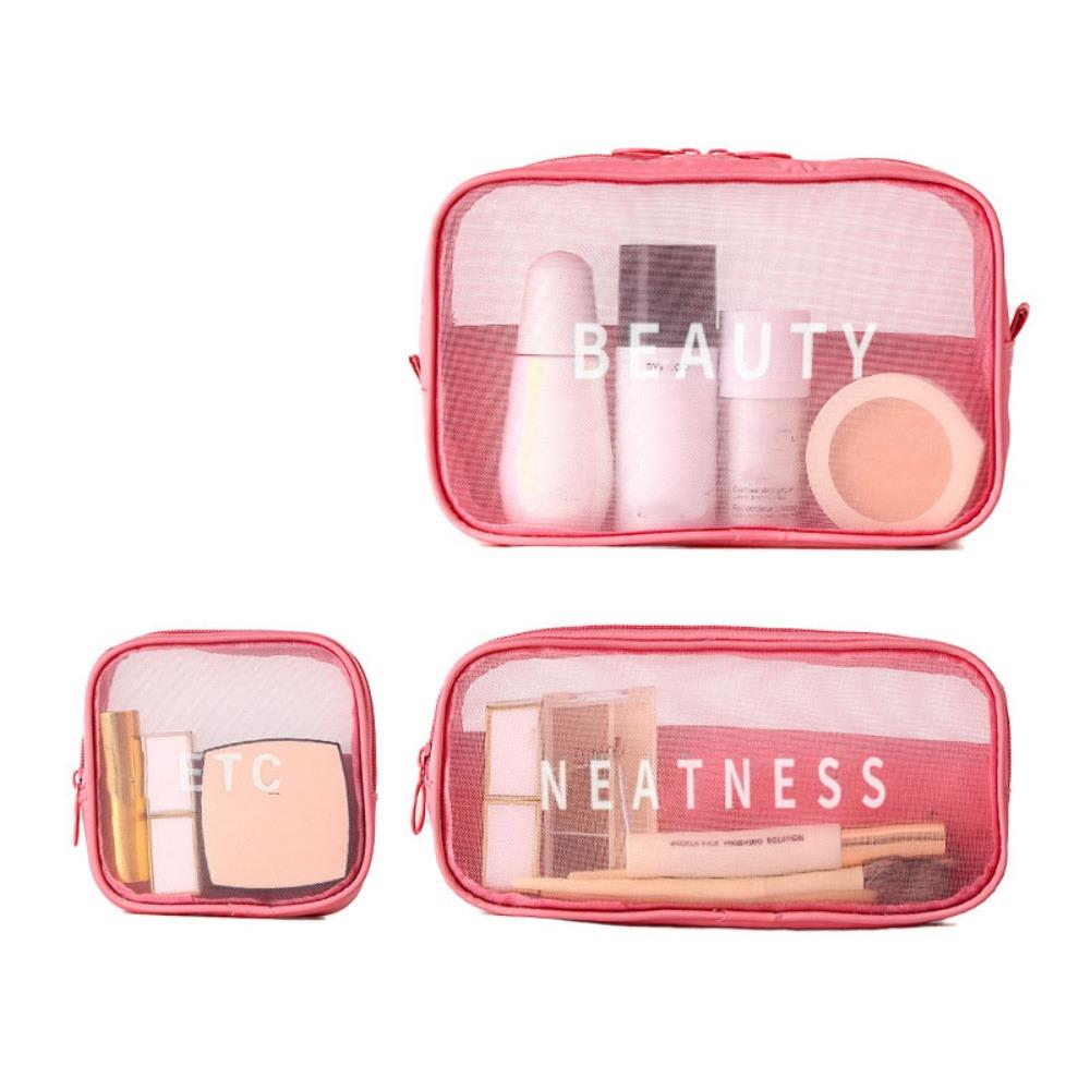 

3pcs Zipper Transparent Makeup Bag Solid Color Handheld Makeup Pouch Mesh Cosmetic Bag Lady розовый