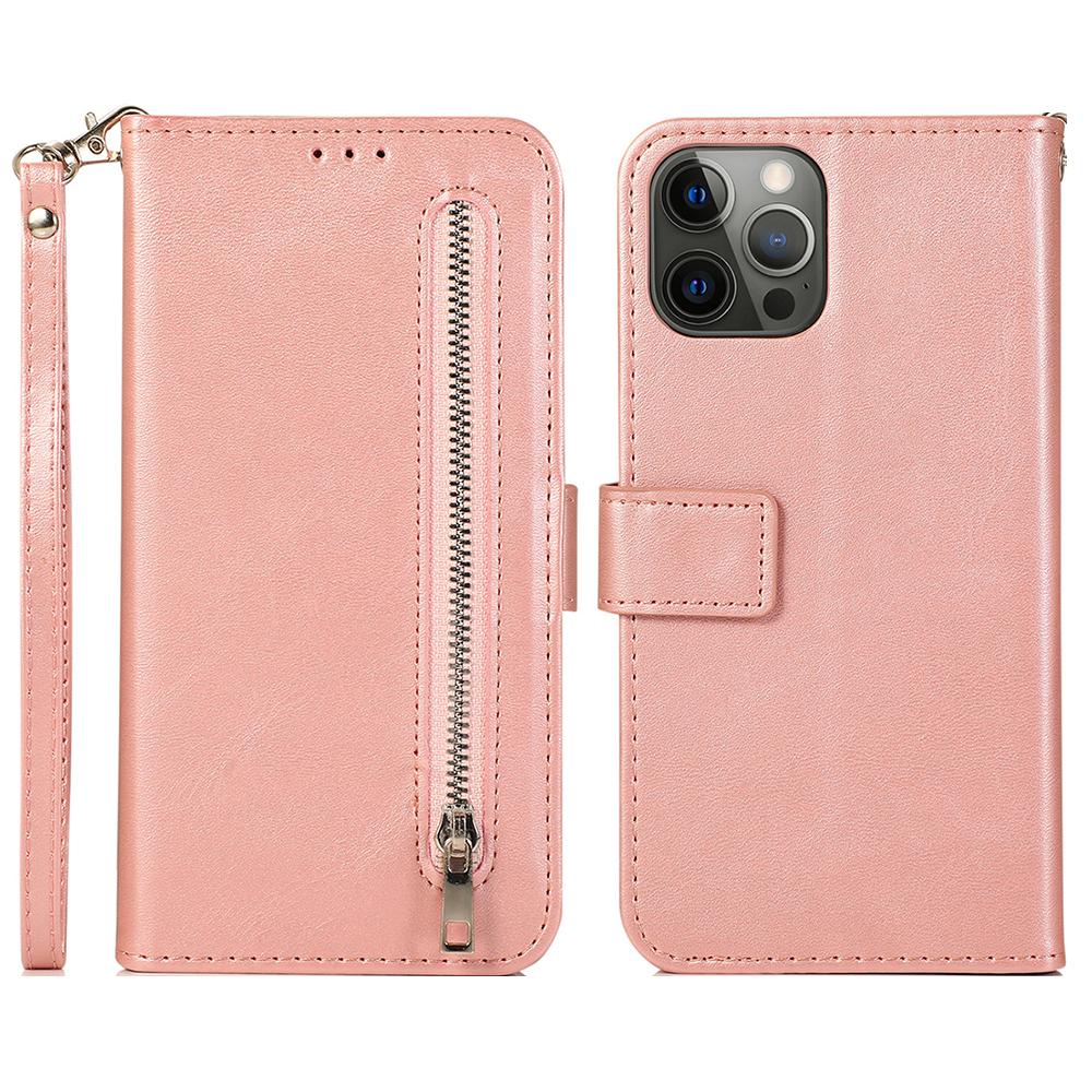 

For iPhone 15 Pro Max 5 Card Slots Phone Leather Case Calf Texture Zipper Wallet Stand Phone Cover Pink