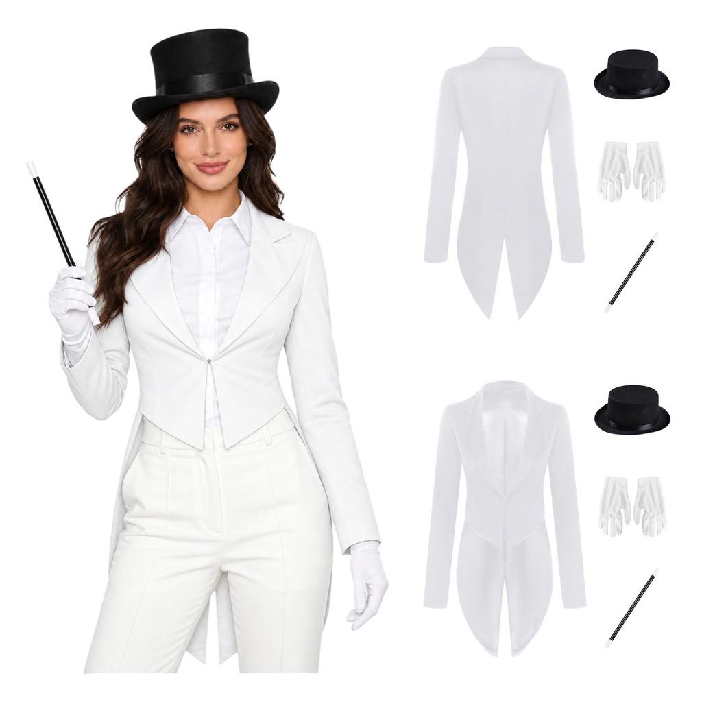 Women Cosplay Magician Tailcoat Jacket Long Sleeve Lapel V Neck Open Front with Hat Gloves Wand for Stage Magic Show