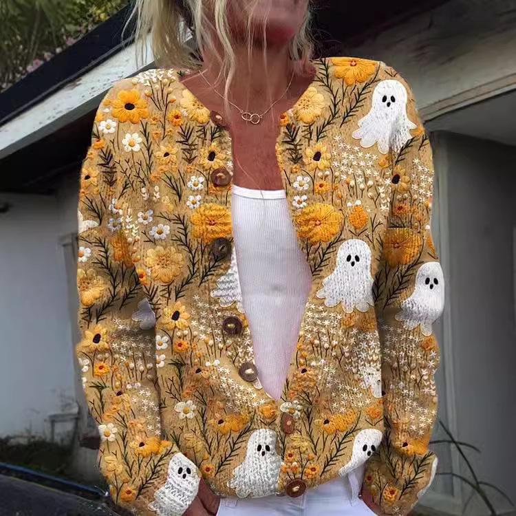 3D Digital Print Women's Cardigan Jacket - Autumn/Winter European & American Style Polyester