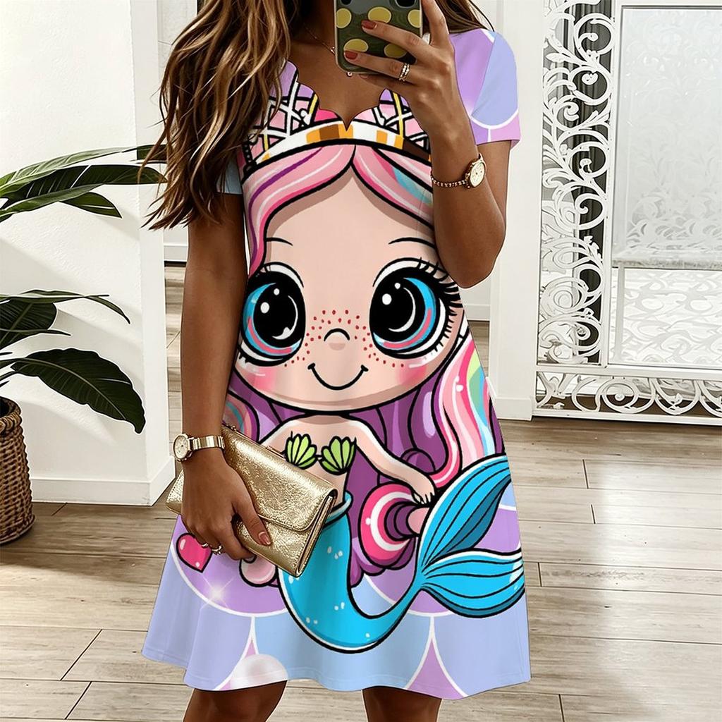 Ladies V Neck Retro Botanical Printed Plus Size Dress Summer Short Sleeve Loose Tunic