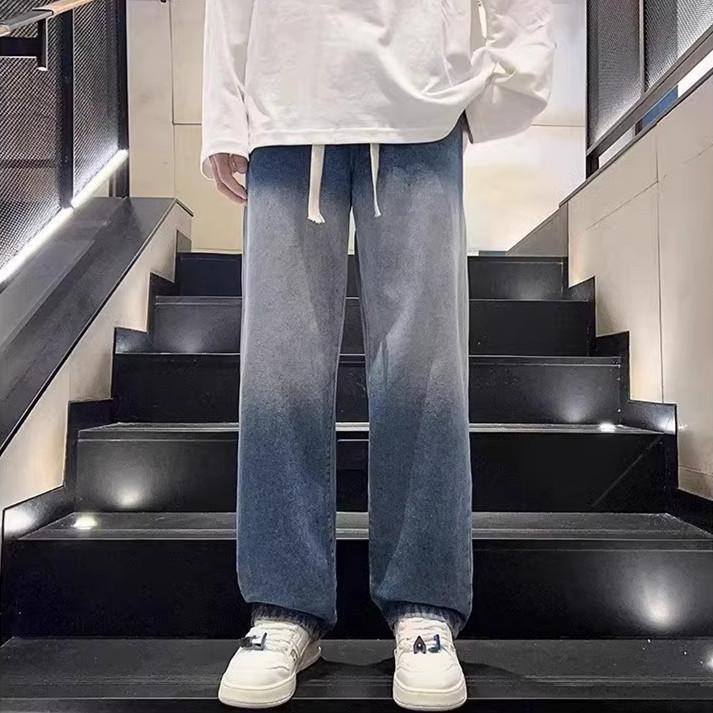 

Мужские джинсы с градиентом и завязками — новинка весны/осени 2024 г., свободные прямые брюки для молодежи M светло-синий