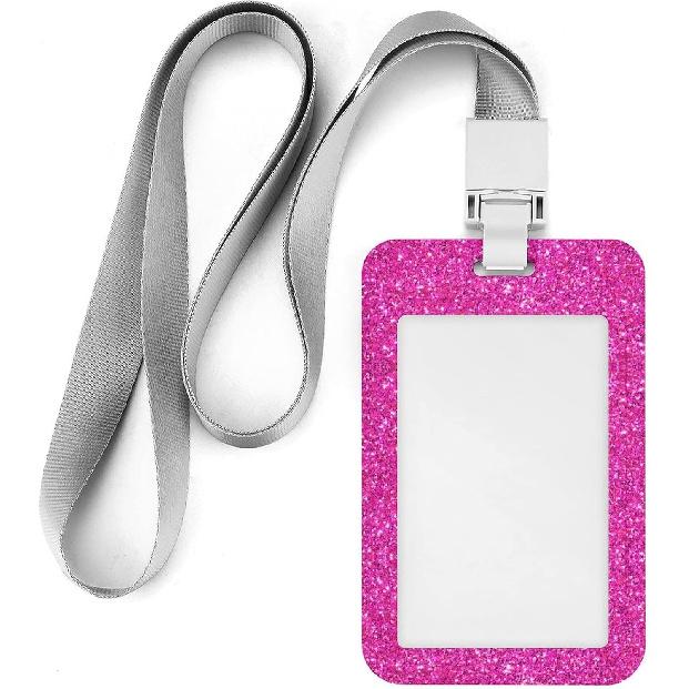 ID Badge Holder Plastic with Lanyard Hot Pink Print Work Badge Holder for Women Nurse Kids Teacher Doctor Student Offices Staff